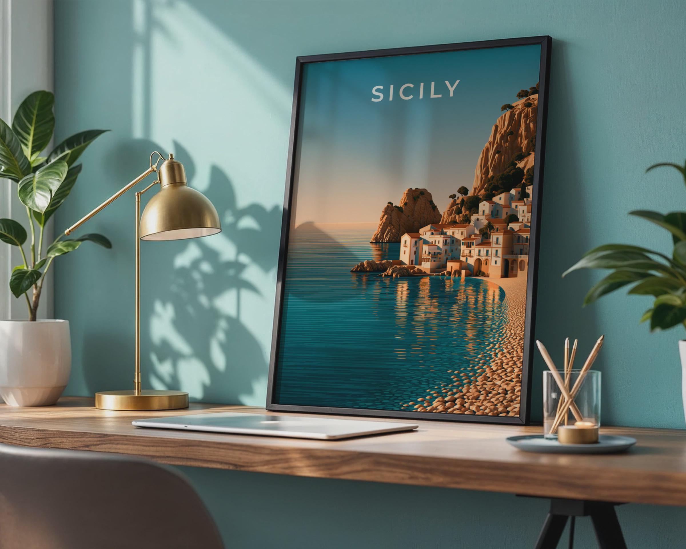 Sicily Italy Wall Art Print, Mediterranean Coastal Village Poster, Retro Style - Travel Wall Art