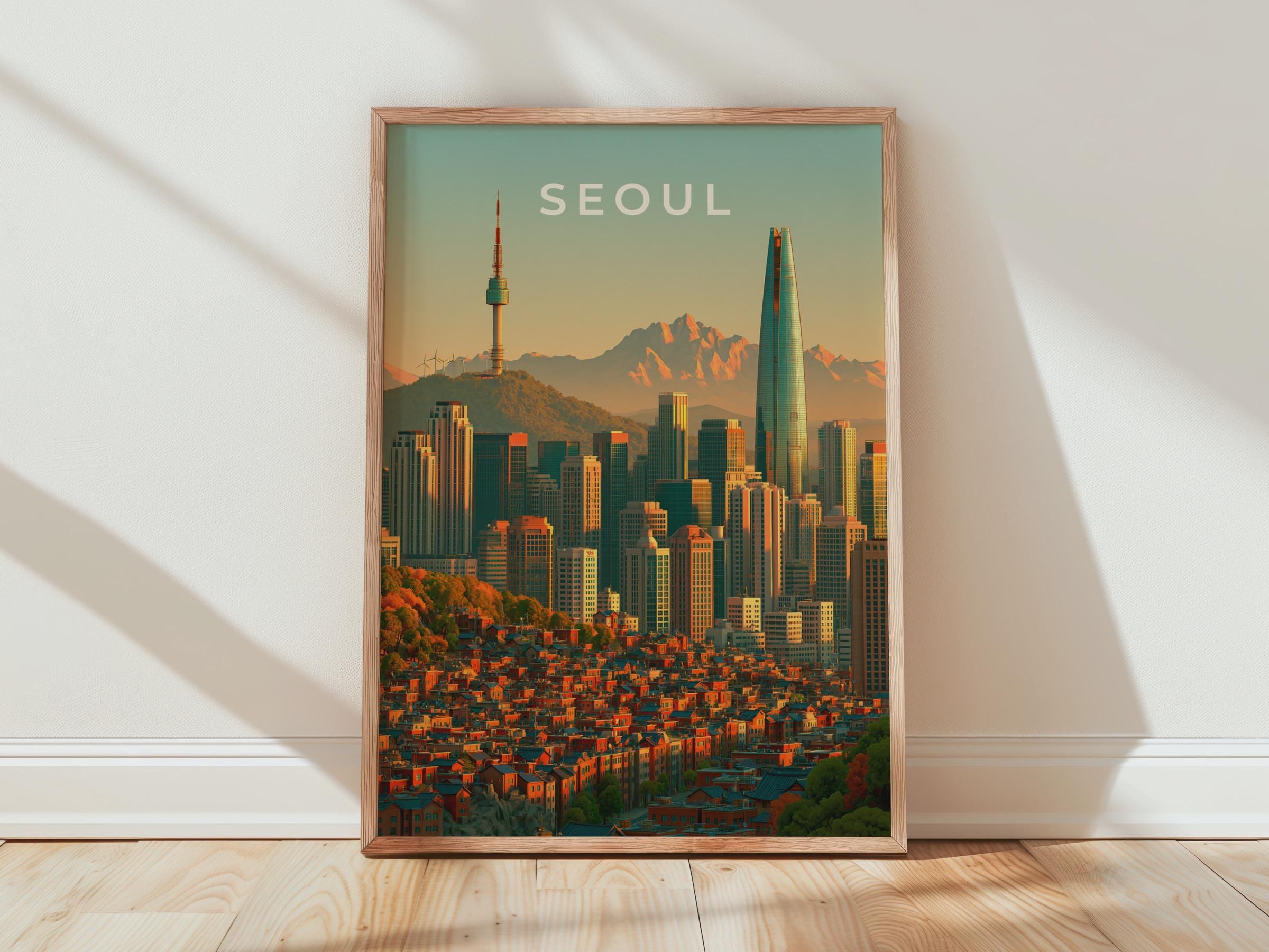 Seoul Skyline Print, South Korea City Poster, N Seoul Tower, Lotte World Tower Art - Travel Wall Art