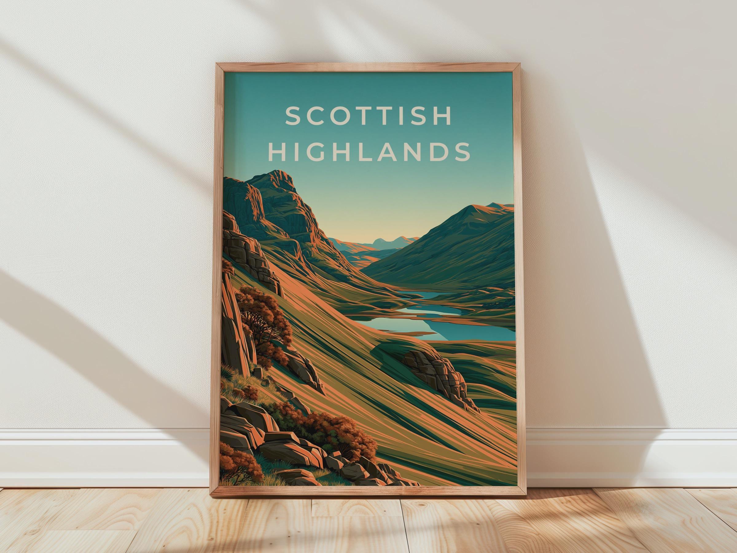 Scottish Highlands Print, Scotland Mountain Loch Poster, Retro Landscape Wall Art - Travel Wall Art