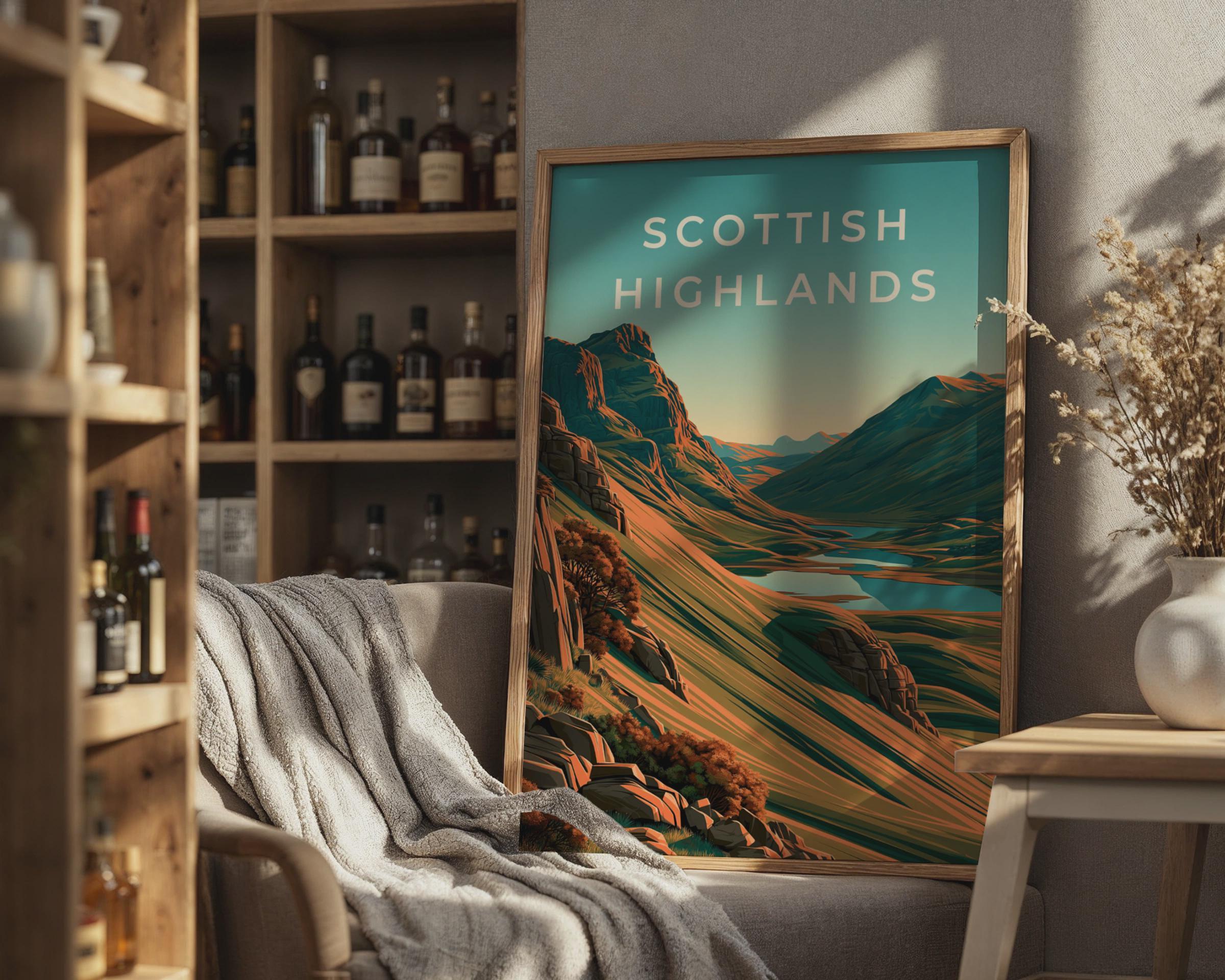 Scottish Highlands Print, Scotland Mountain Loch Poster, Retro Landscape Wall Art - Travel Wall Art