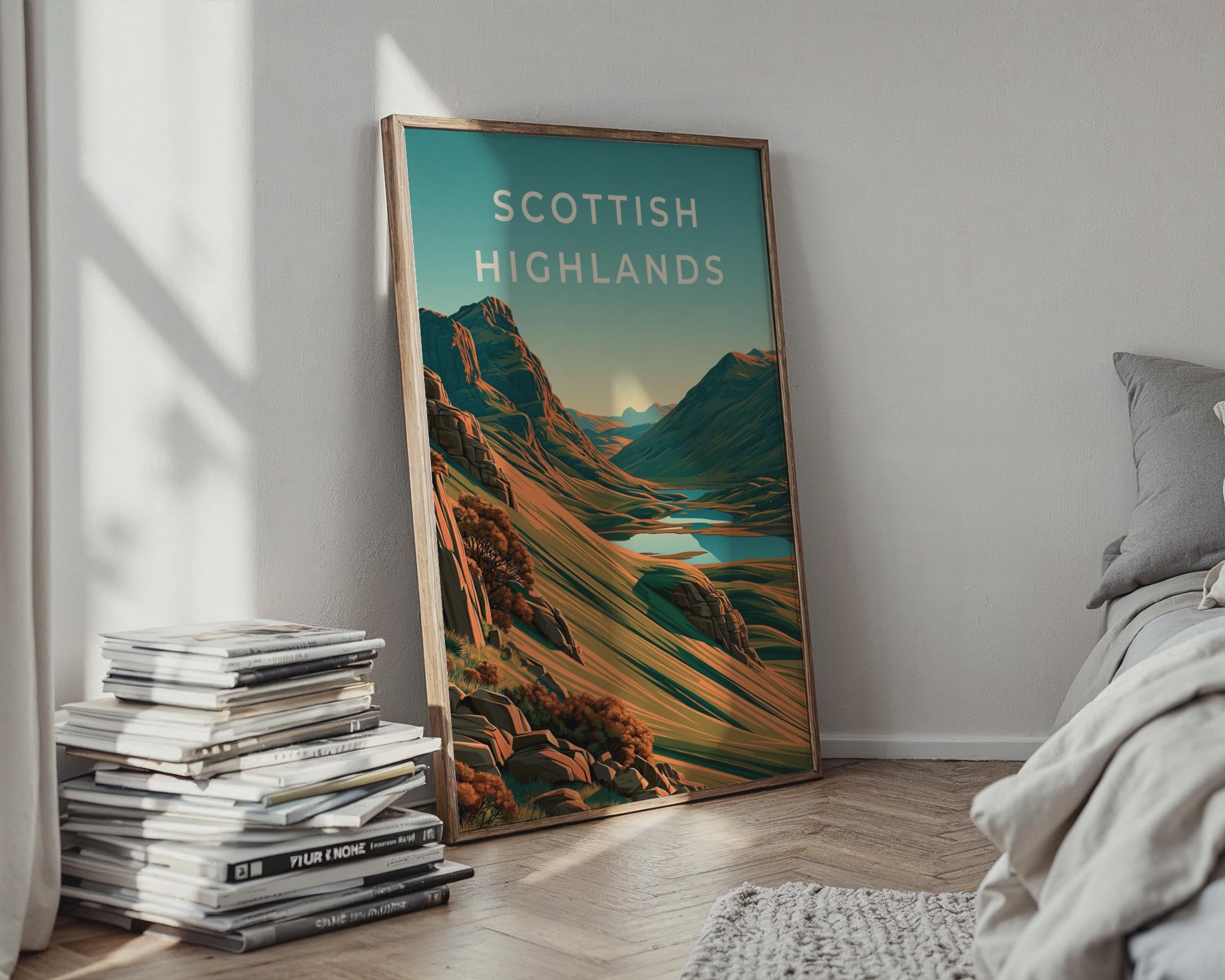 Scottish Highlands Print, Scotland Mountain Loch Poster, Retro Landscape Wall Art - Travel Wall Art