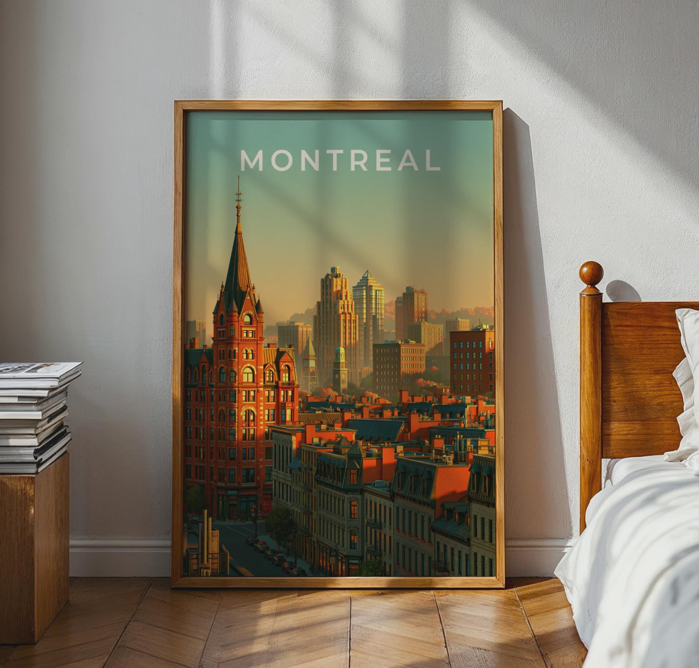 Montreal Skyline Print, Canada City Poster, Retro Illustration, Old Town Wall Art - Travel Wall Art