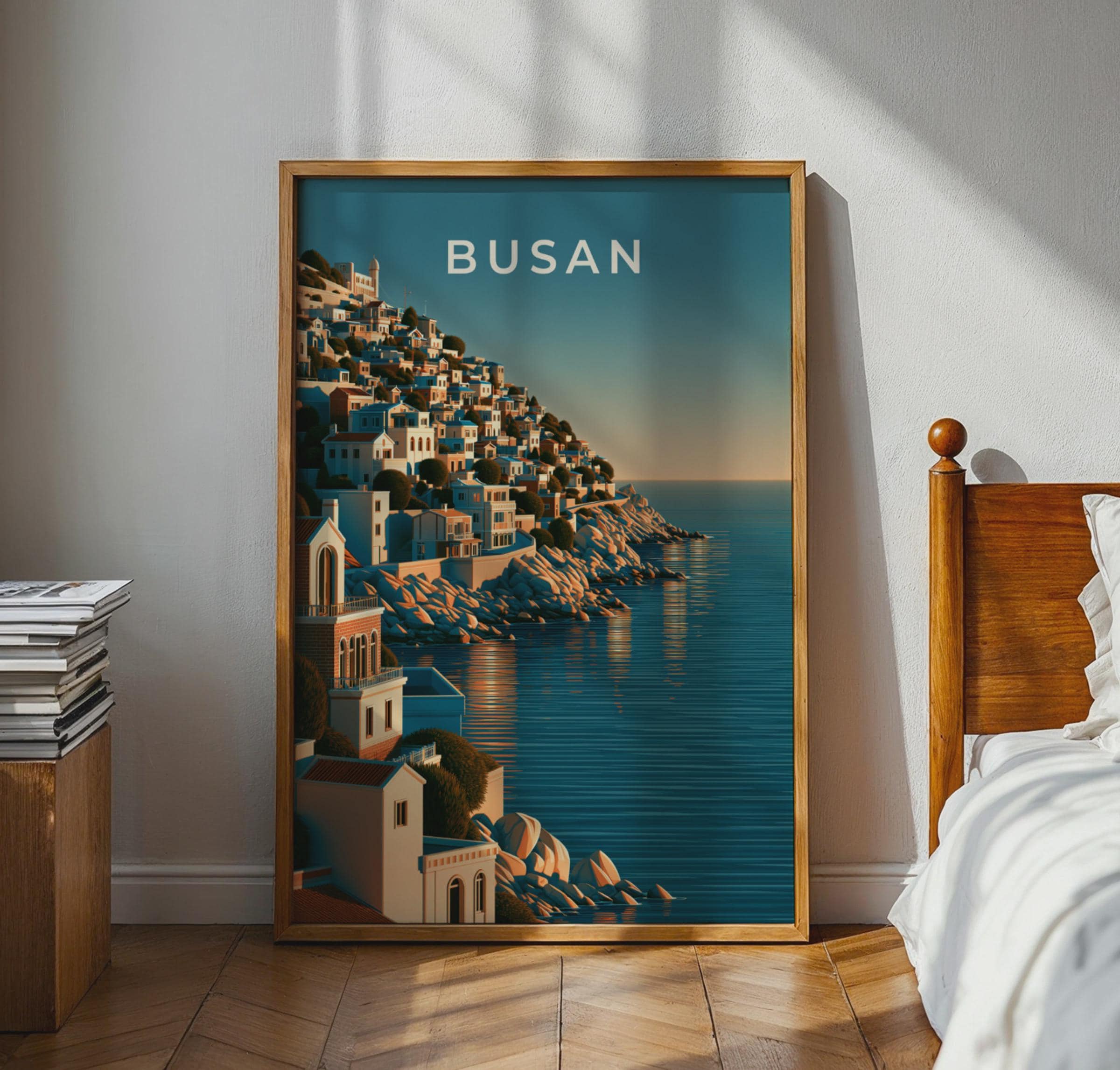 Busan South Korea Print, Coastal Hillside City Art, Teal Blue Wall Decor - Travel Wall Art