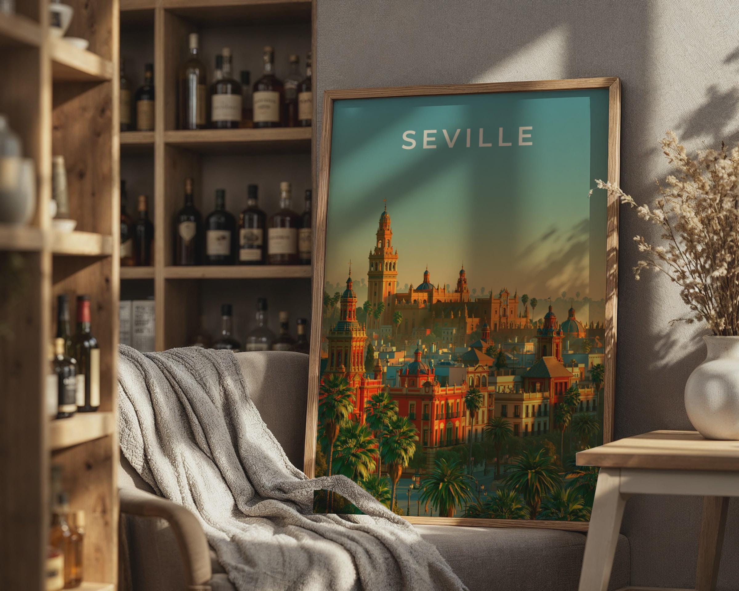 Seville Print, Spain City Skyline Poster, Andalusia Wall Art, Warm Vintage Style - Travel Wall Art