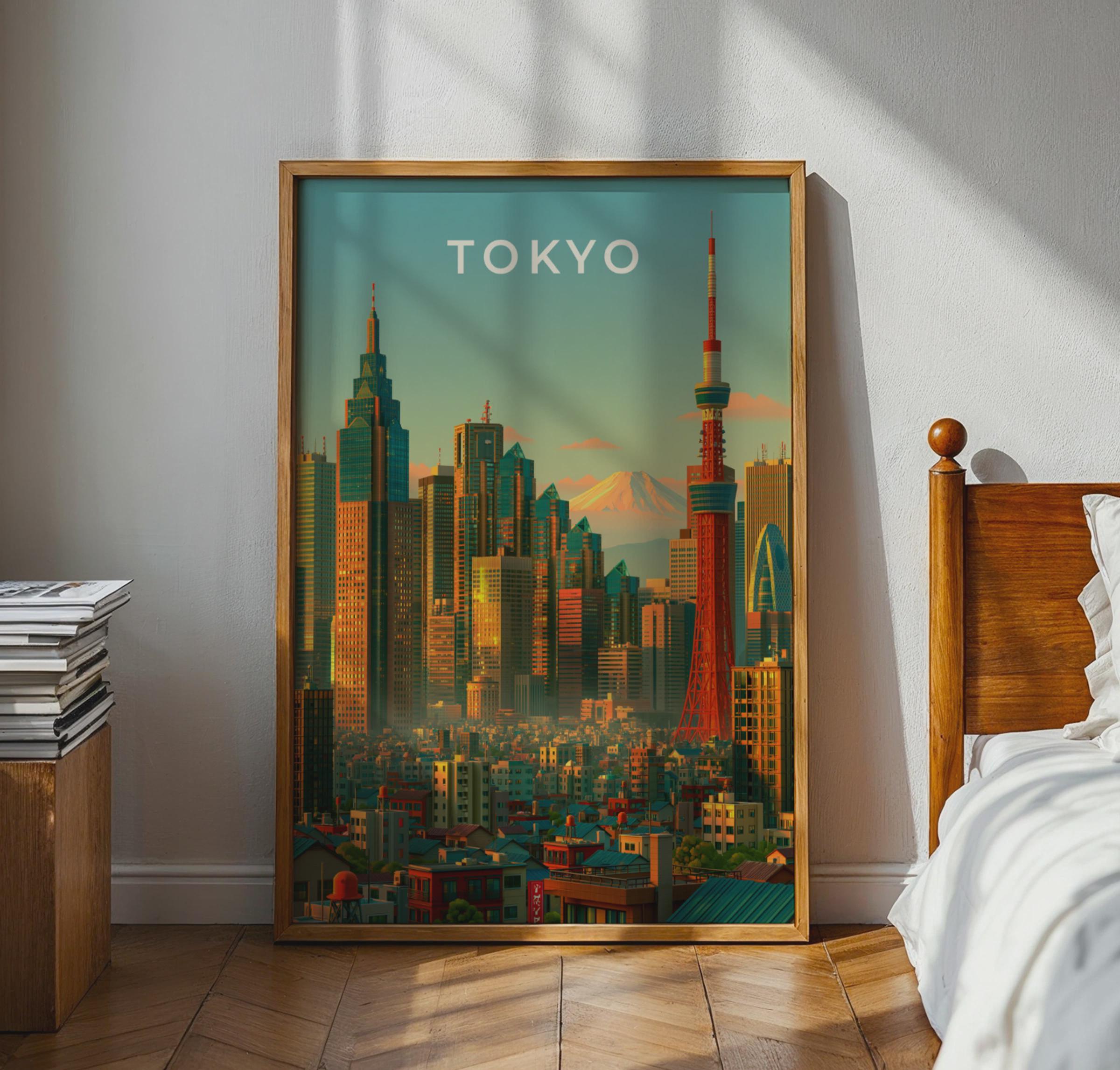 Tokyo Skyline Print, Tokyo Tower, Mount Fuji, Japan City Wall Art Poster - Travel Wall Art