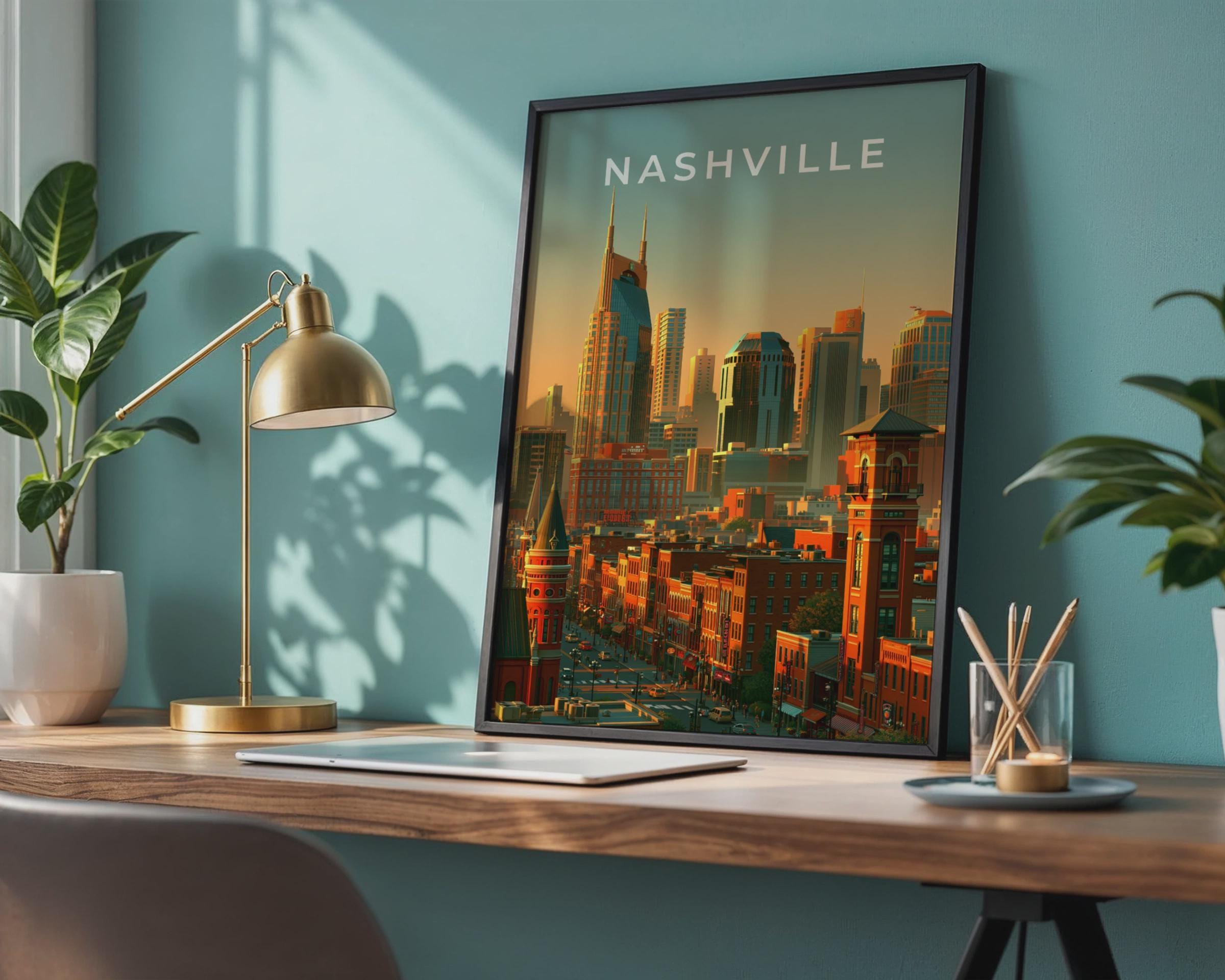 Nashville Skyline Print, Tennessee City Poster, Warm Sunset Downtown Wall Art - Travel Wall Art