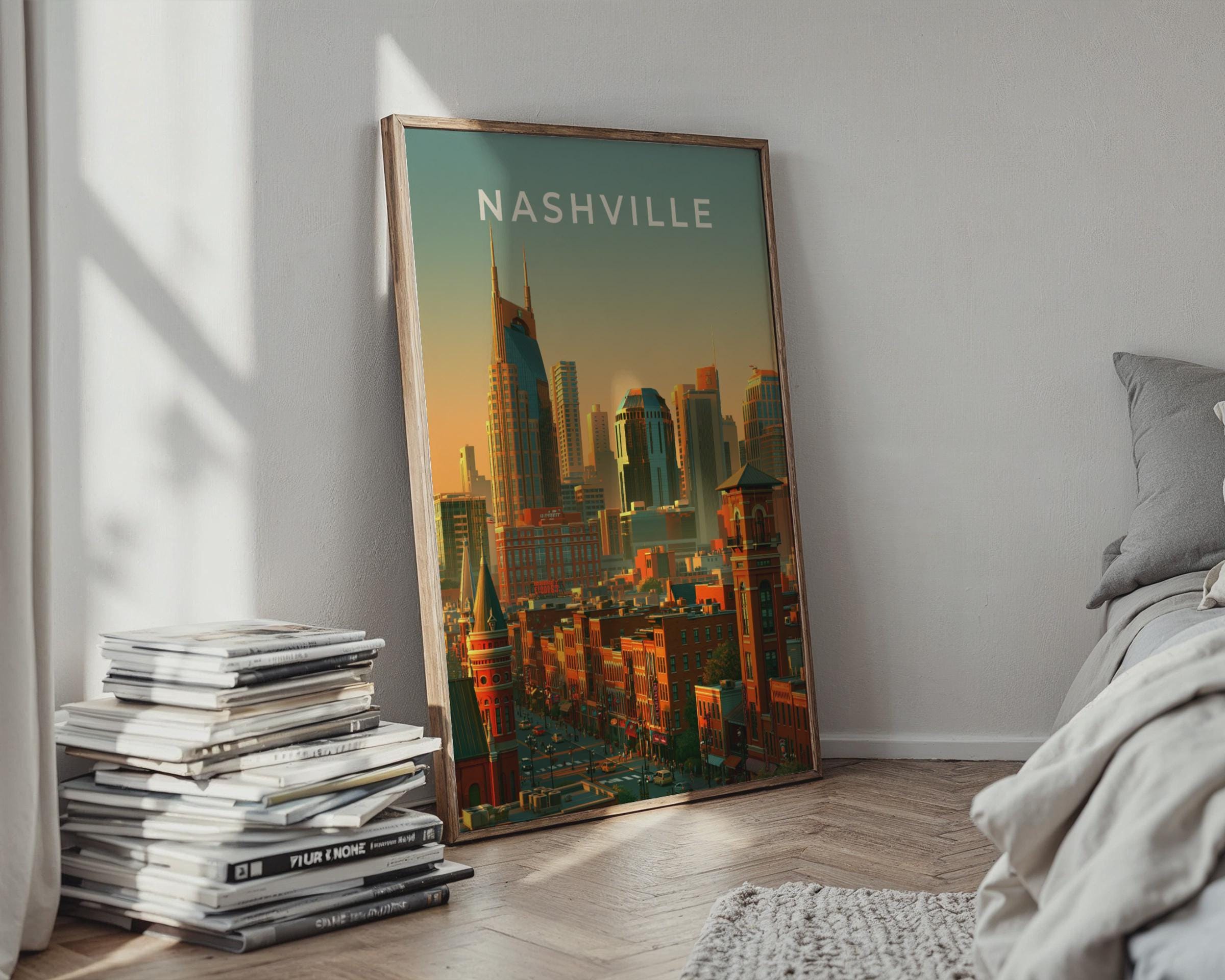 Nashville Skyline Print, Tennessee City Poster, Warm Sunset Downtown Wall Art - Travel Wall Art