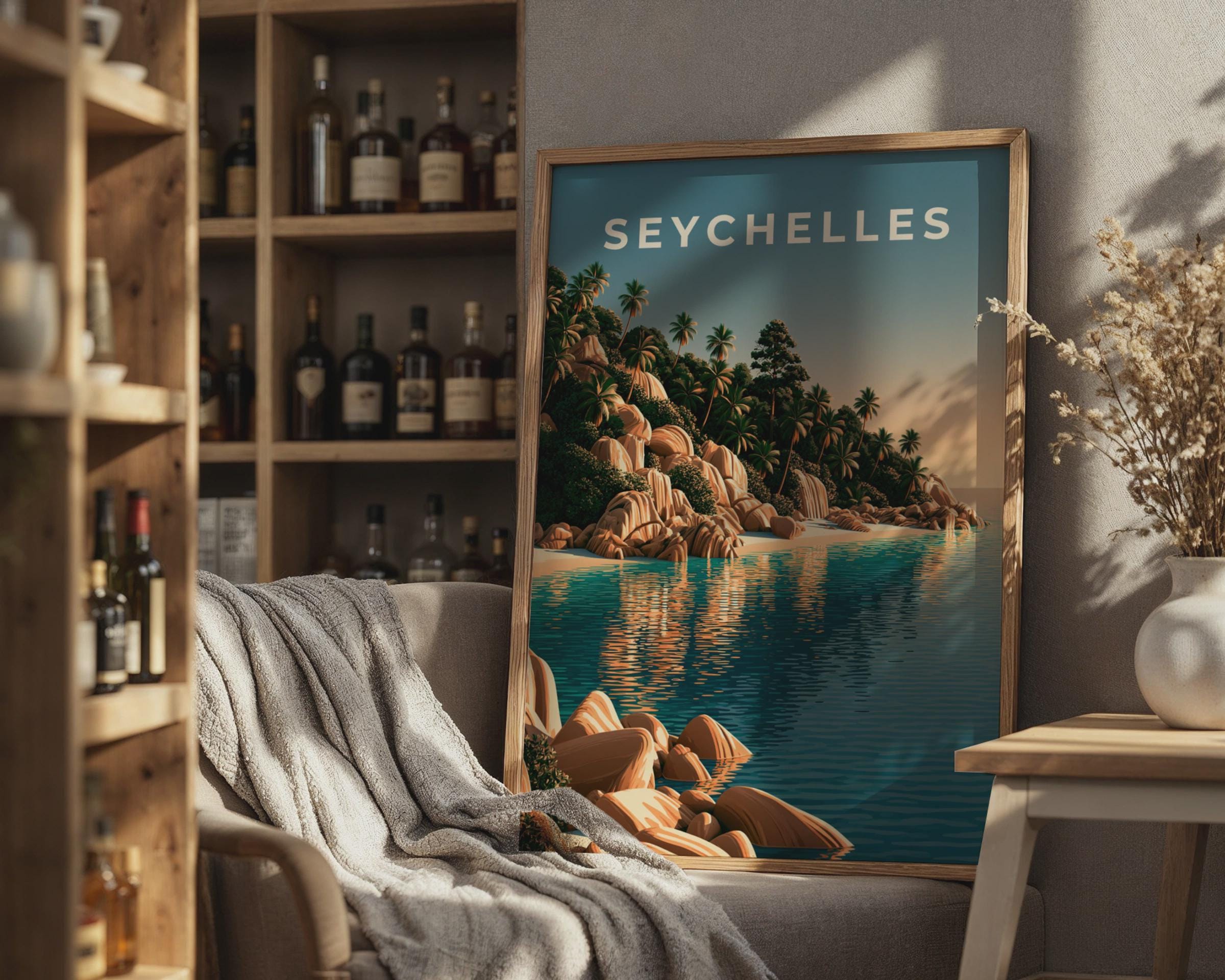 Seychelles Print, Tropical Beach Wall Art, Retro Island Poster, Teal Ocean Decor - Travel Wall Art