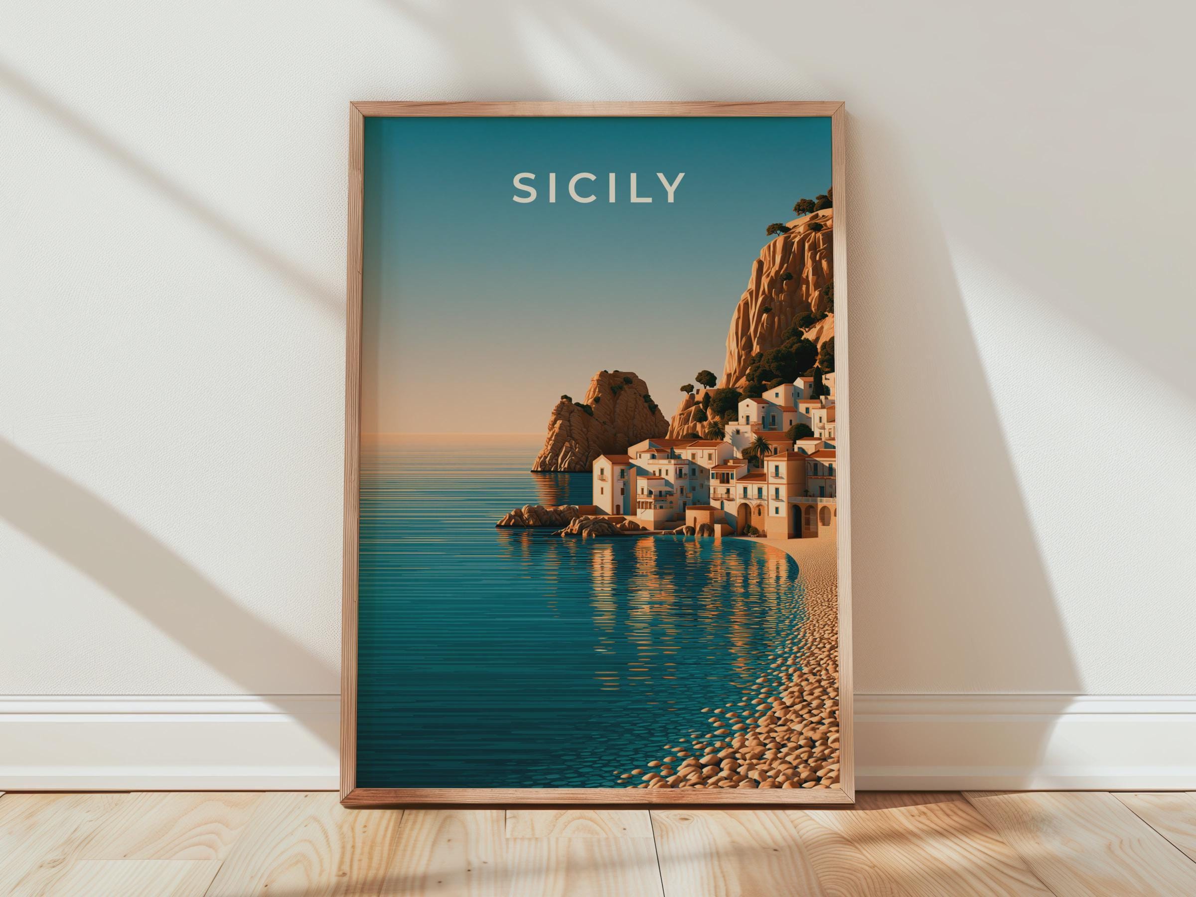 Sicily Italy Wall Art Print, Mediterranean Coastal Village Poster, Retro Style - Travel Wall Art