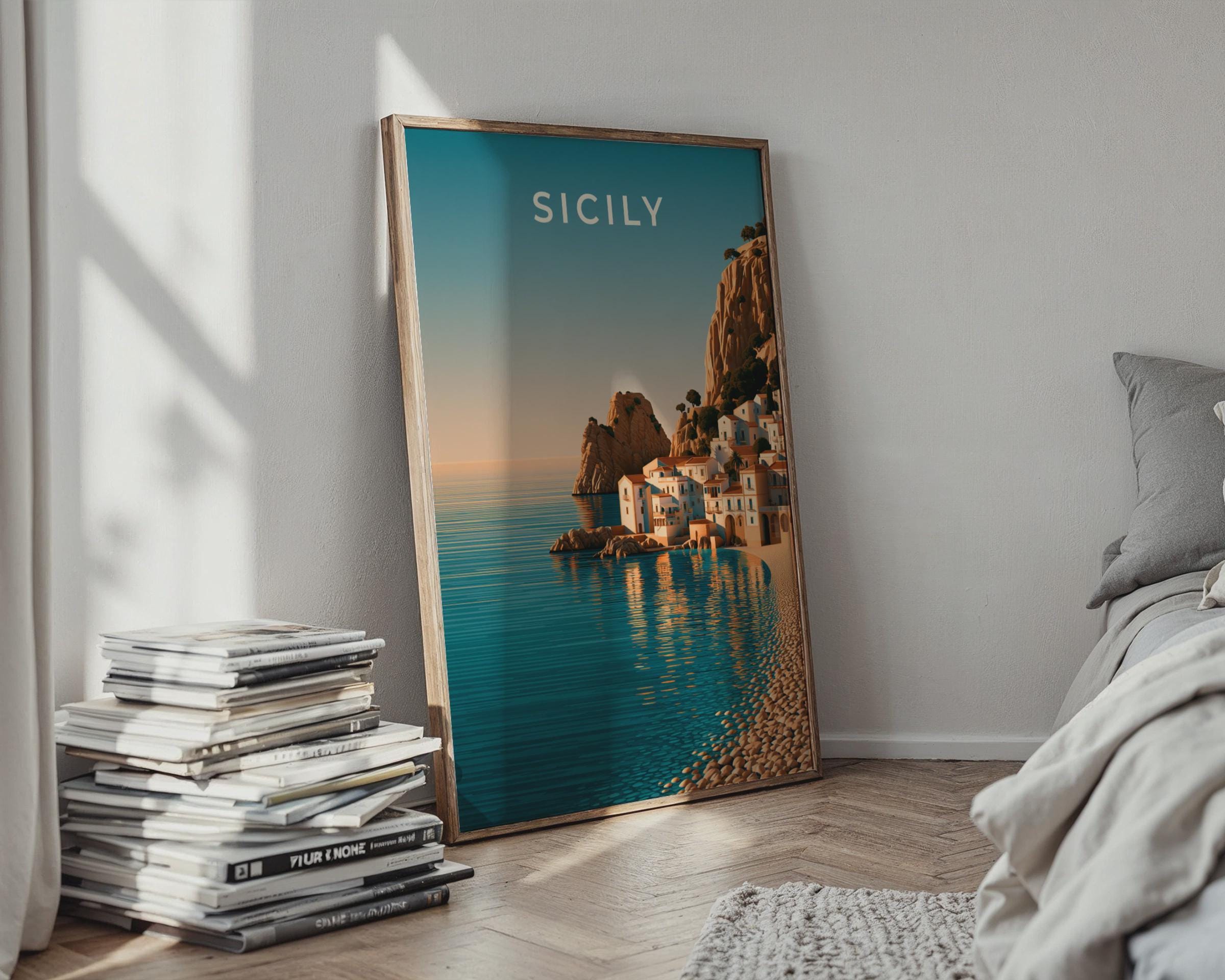 Sicily Italy Wall Art Print, Mediterranean Coastal Village Poster, Retro Style - Travel Wall Art