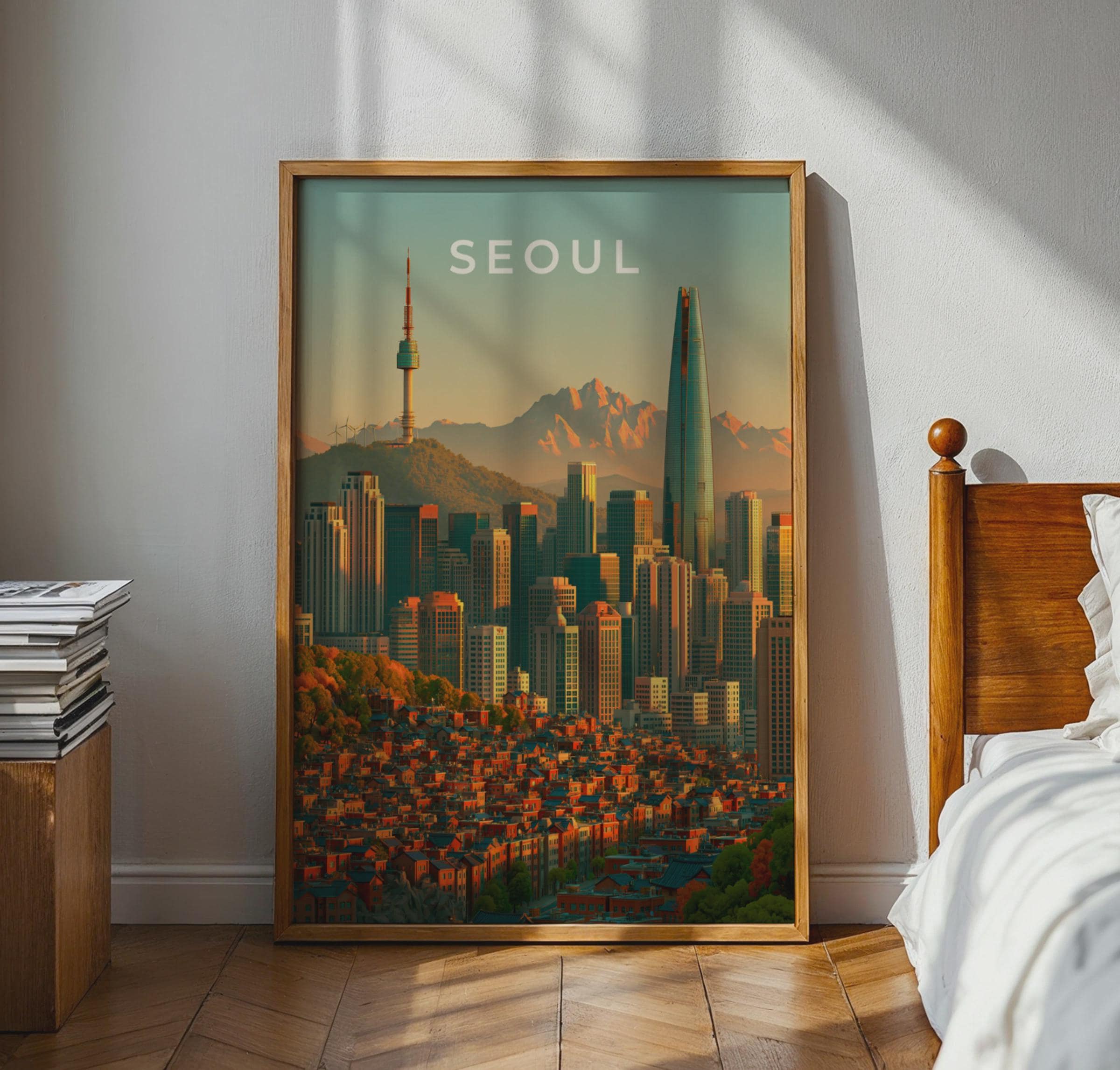 Seoul Skyline Print, South Korea City Poster, N Seoul Tower, Lotte World Tower Art - Travel Wall Art