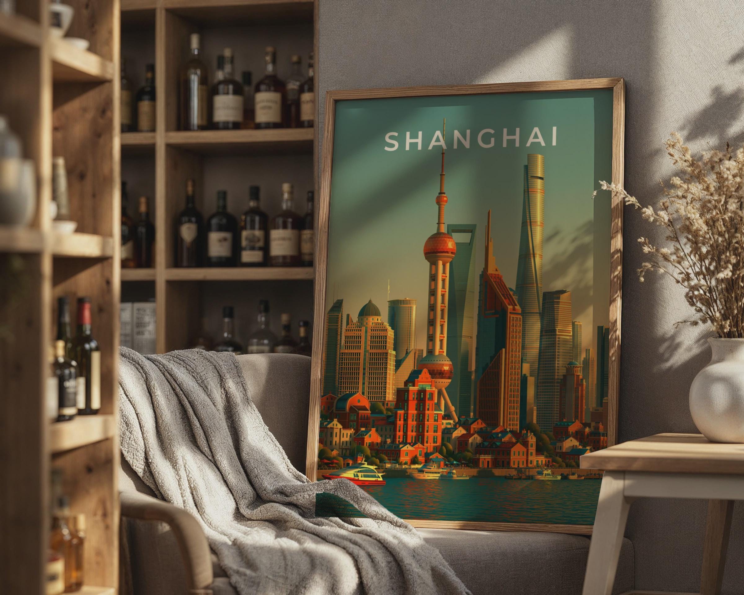 Shanghai Skyline Print, Pudong Cityscape Poster, Oriental Pearl Tower Wall Art - Travel Wall Art