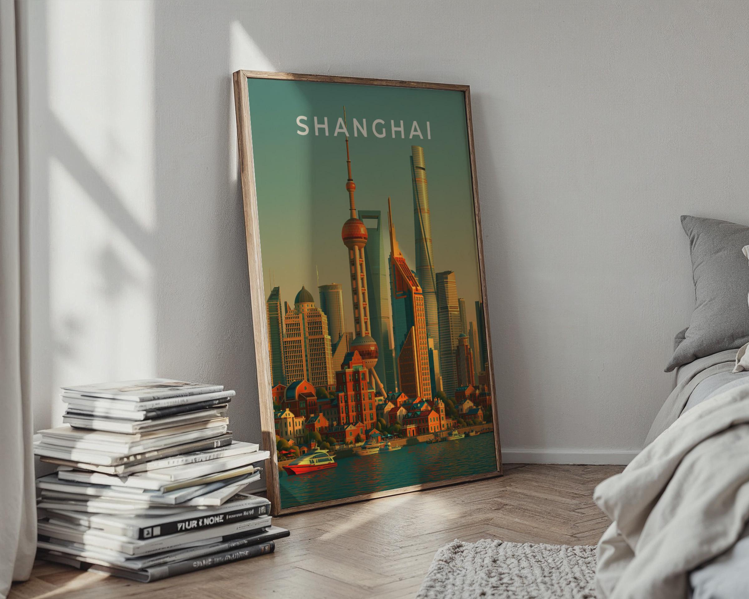 Shanghai Skyline Print, Pudong Cityscape Poster, Oriental Pearl Tower Wall Art - Travel Wall Art