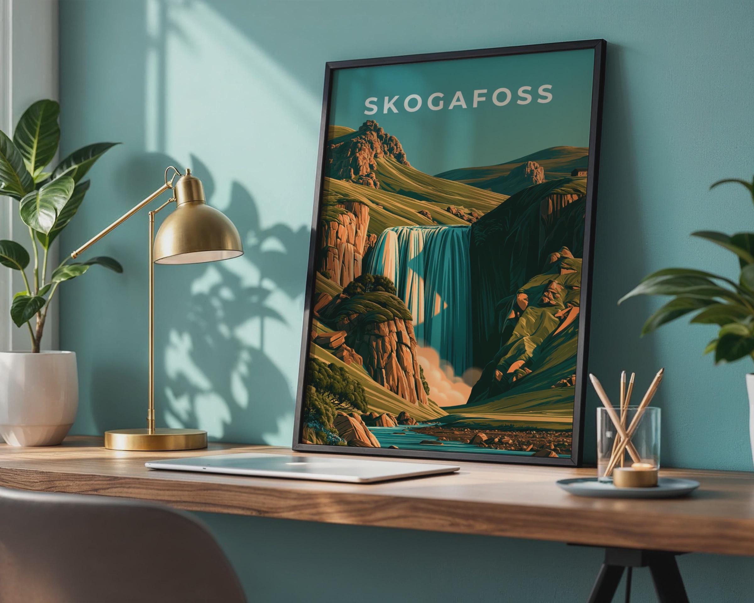 Skogafoss Waterfall Print, Iceland Wall Art, Retro Landscape Poster - Travel Wall Art