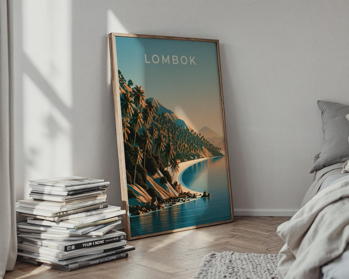 Lombok Indonesia Print, Tropical Beach Palm Tree Poster, Vintage Style Wall Art - WanderWall