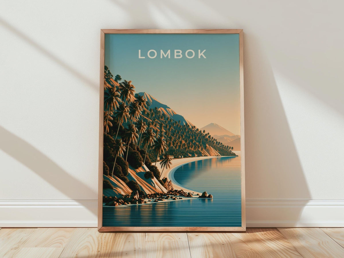 Lombok Indonesia Print, Tropical Beach Palm Tree Poster, Vintage Style Wall Art - WanderWall