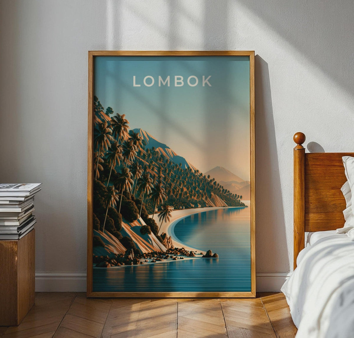 Lombok Indonesia Print, Tropical Beach Palm Tree Poster, Vintage Style Wall Art - WanderWall
