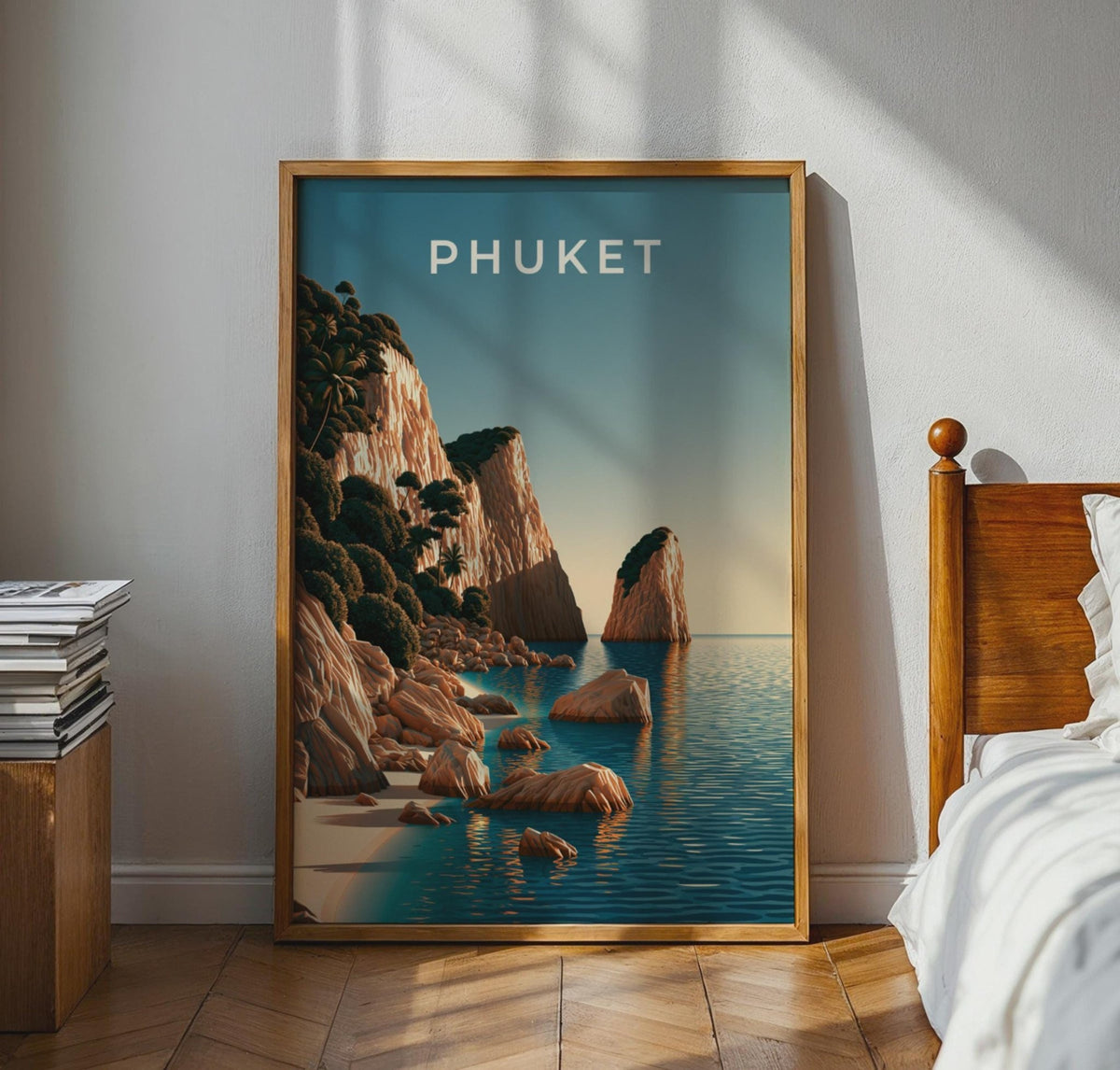 Phuket Print, Thailand Beach Wall Art, Coastal Cliff Poster, Teal Ocean Decor - WanderWall