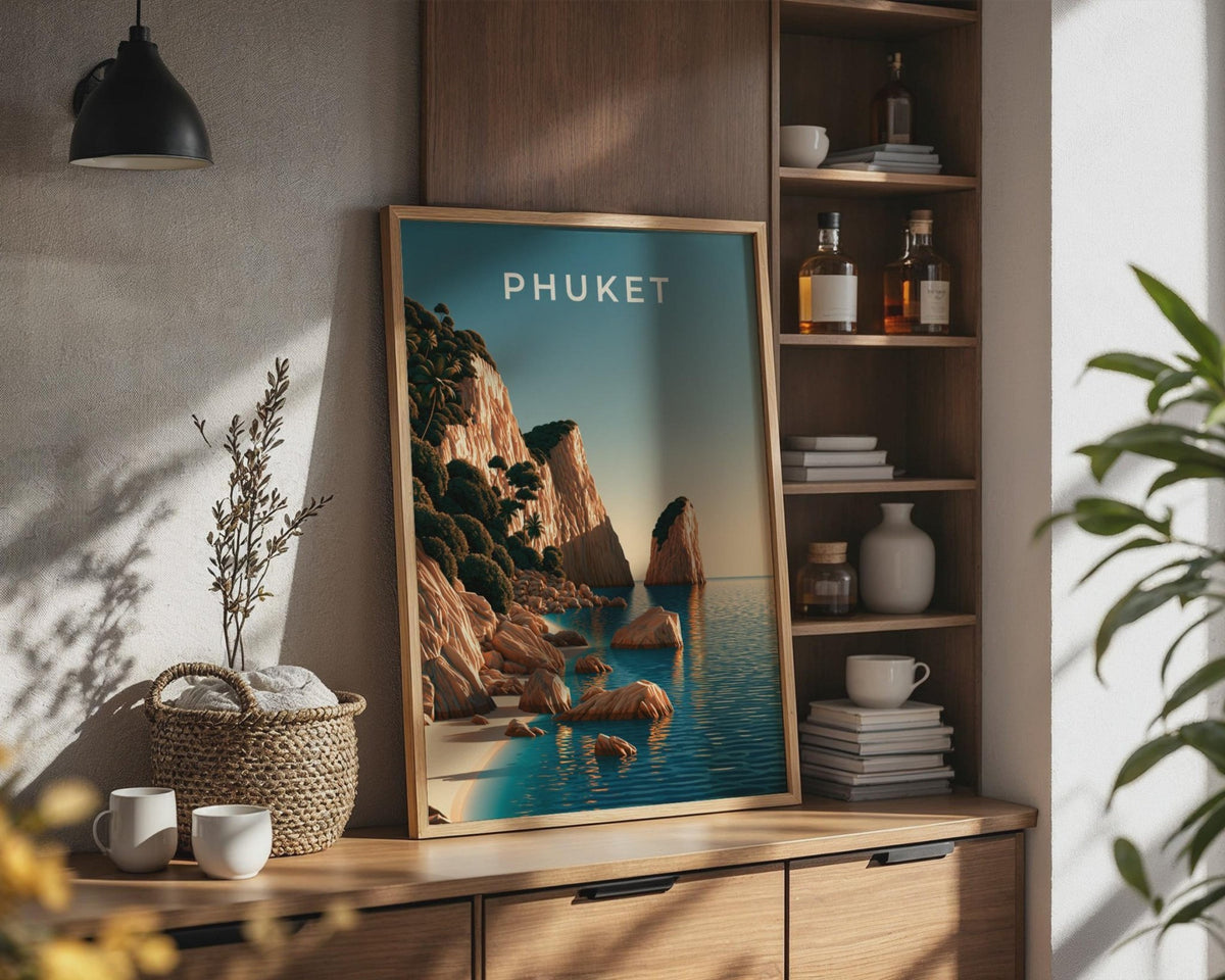 Phuket Print, Thailand Beach Wall Art, Coastal Cliff Poster, Teal Ocean Decor - WanderWall