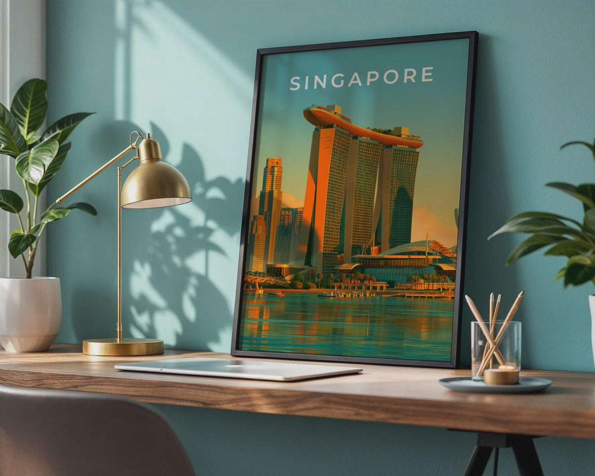 Singapore Print, Marina Bay Sands Poster, Retro City Skyline Wall Art - WanderWall