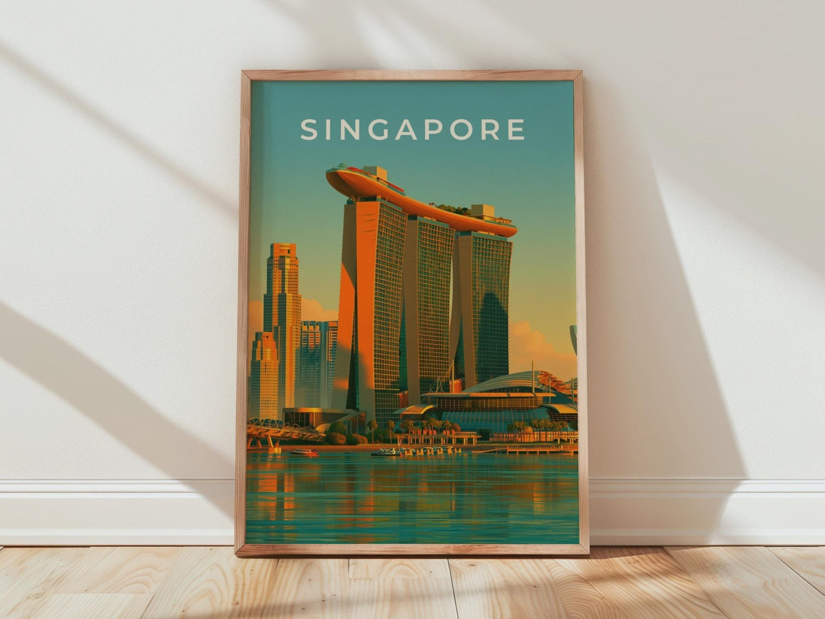 Singapore Print, Marina Bay Sands Poster, Retro City Skyline Wall Art - WanderWall