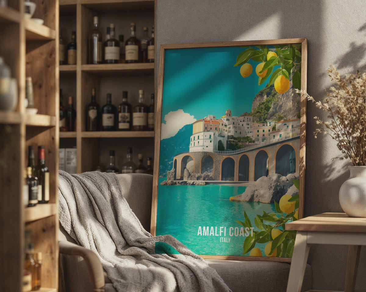 Amalfi Coast Poster Art Print with Lemons and Coastal Architecture - WanderWall