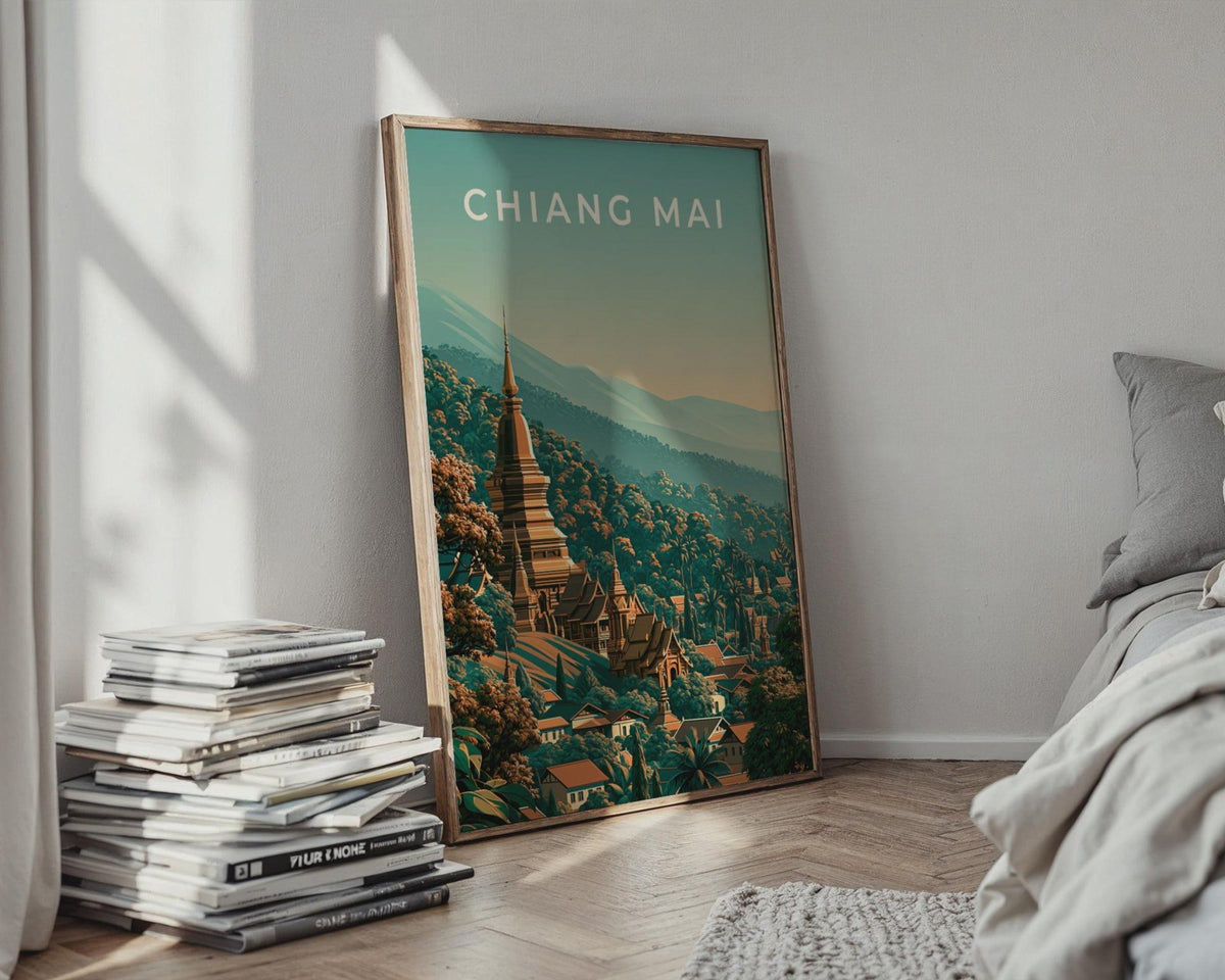 Chiang Mai Print, Thailand Temple Poster, Vintage Style Wall Art - WanderWall