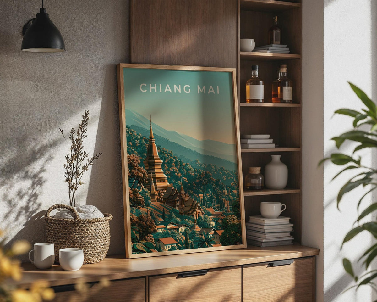 Chiang Mai Print, Thailand Temple Poster, Vintage Style Wall Art - WanderWall