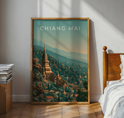 Chiang Mai Print, Thailand Temple Poster, Vintage Style Wall Art - WanderWall