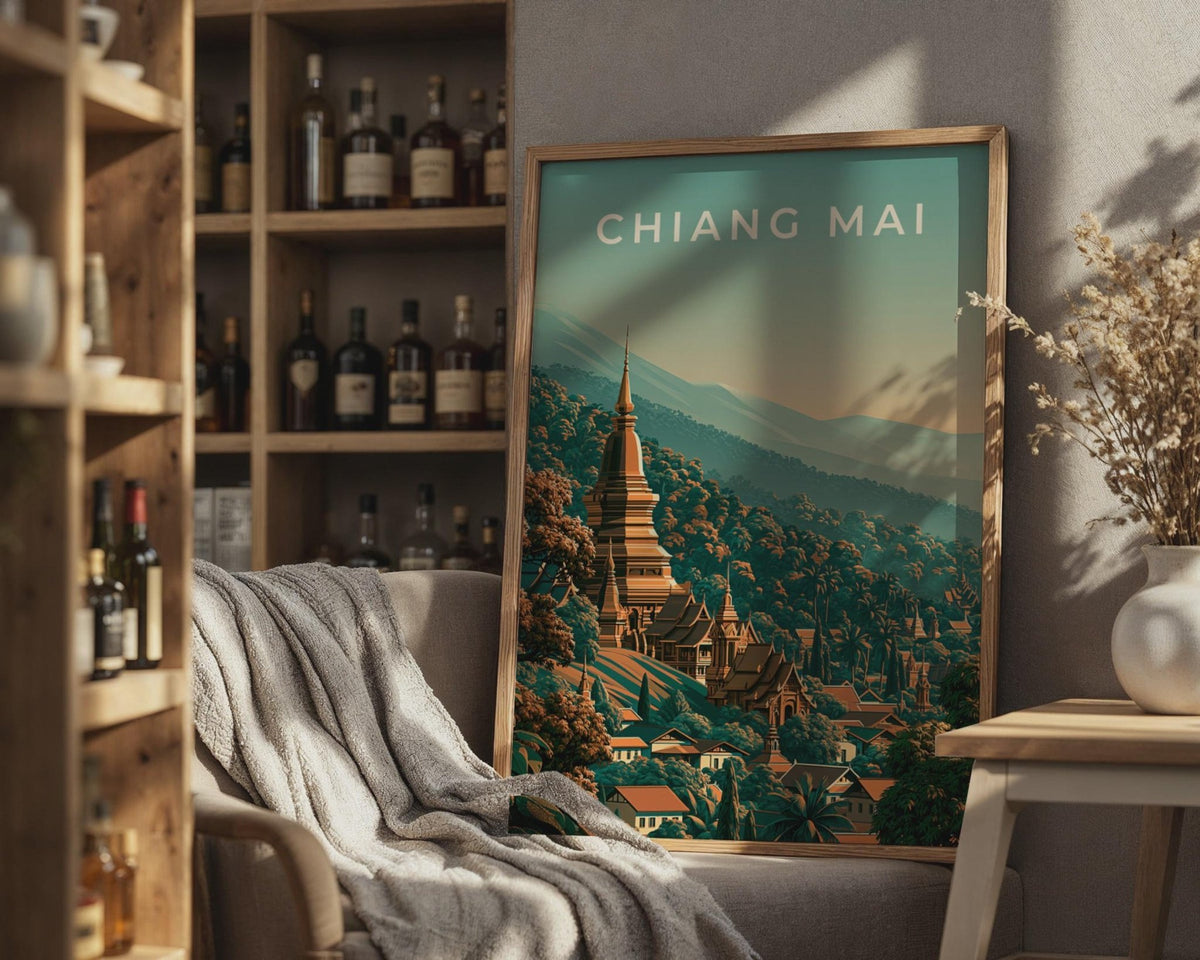 Chiang Mai Print, Thailand Temple Poster, Vintage Style Wall Art - WanderWall