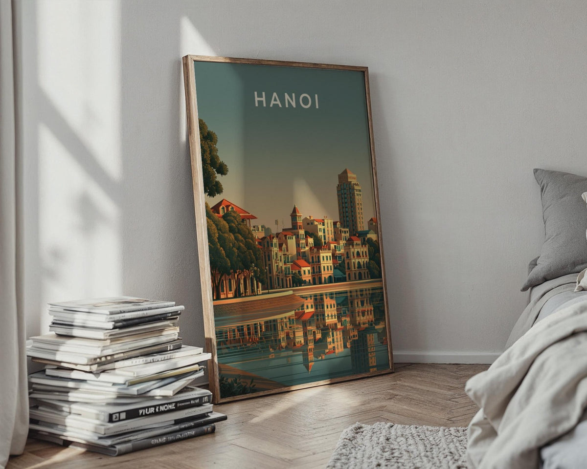 Hanoi Print, Vietnam City Poster, Hoan Kiem Lake, Retro Cityscape Wall Art - WanderWall