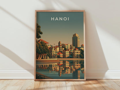 Hanoi Print, Vietnam City Poster, Hoan Kiem Lake, Retro Cityscape Wall Art - WanderWall