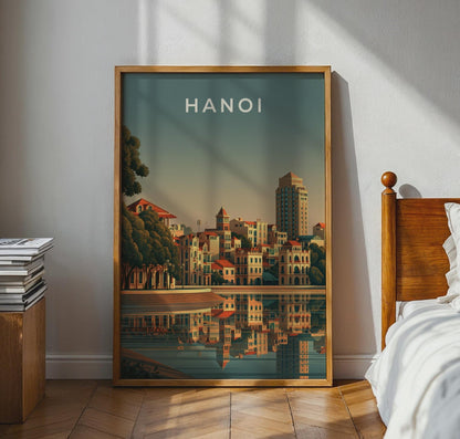 Hanoi Print, Vietnam City Poster, Hoan Kiem Lake, Retro Cityscape Wall Art - WanderWall