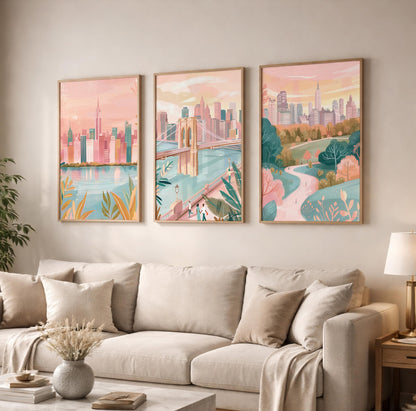 New York City Set Of 3 Posters - New York Cityscape Wall Art - Travel Wall Art