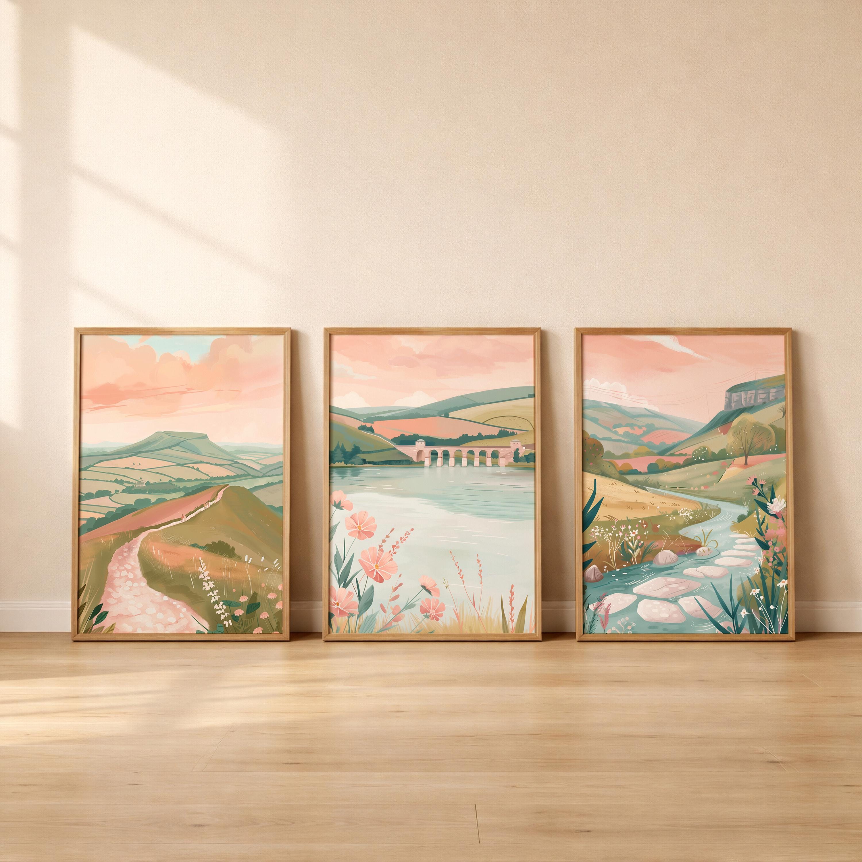 Peak District Set of 3 Posters - Minimalist Landscape Wall Art Set - Travel Wall Art