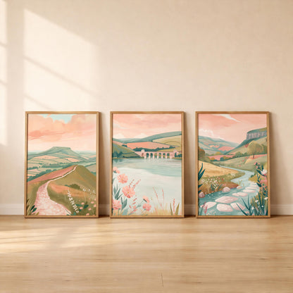 Peak District Set of 3 Posters - Minimalist Landscape Wall Art Set - Travel Wall Art