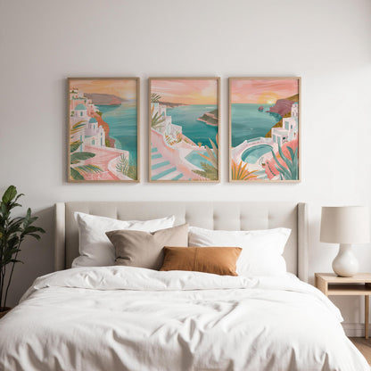 Santorini Set Of 3 Posters - Santorini Coastal Wall Art Prints - Travel Wall Art