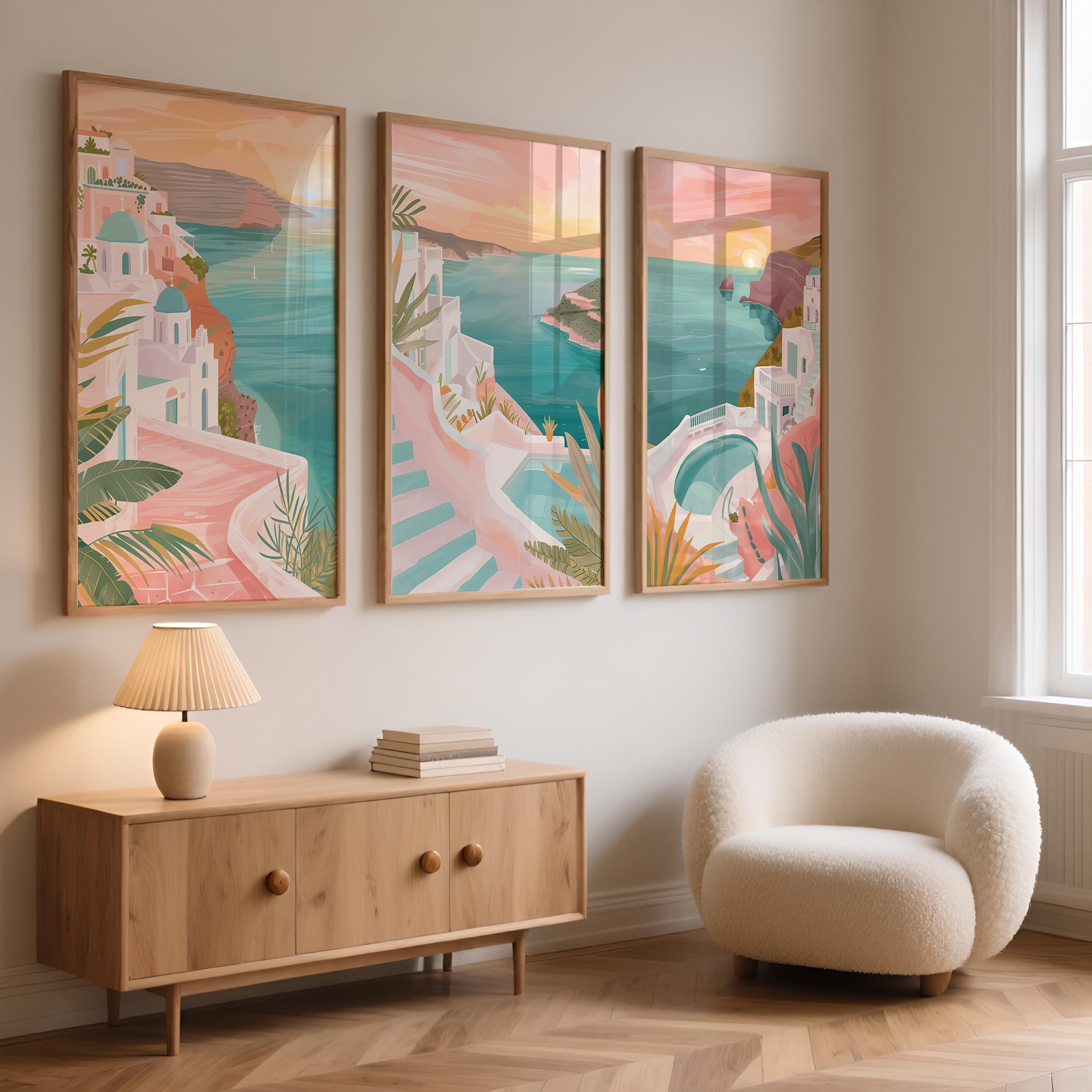 Santorini Set Of 3 Posters - Santorini Coastal Wall Art Prints - Travel Wall Art