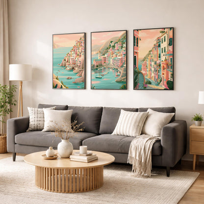 Set of 3 Cinque Terre Italy Posters - Italian Amalfi Coast Wall Art - Travel Wall Art