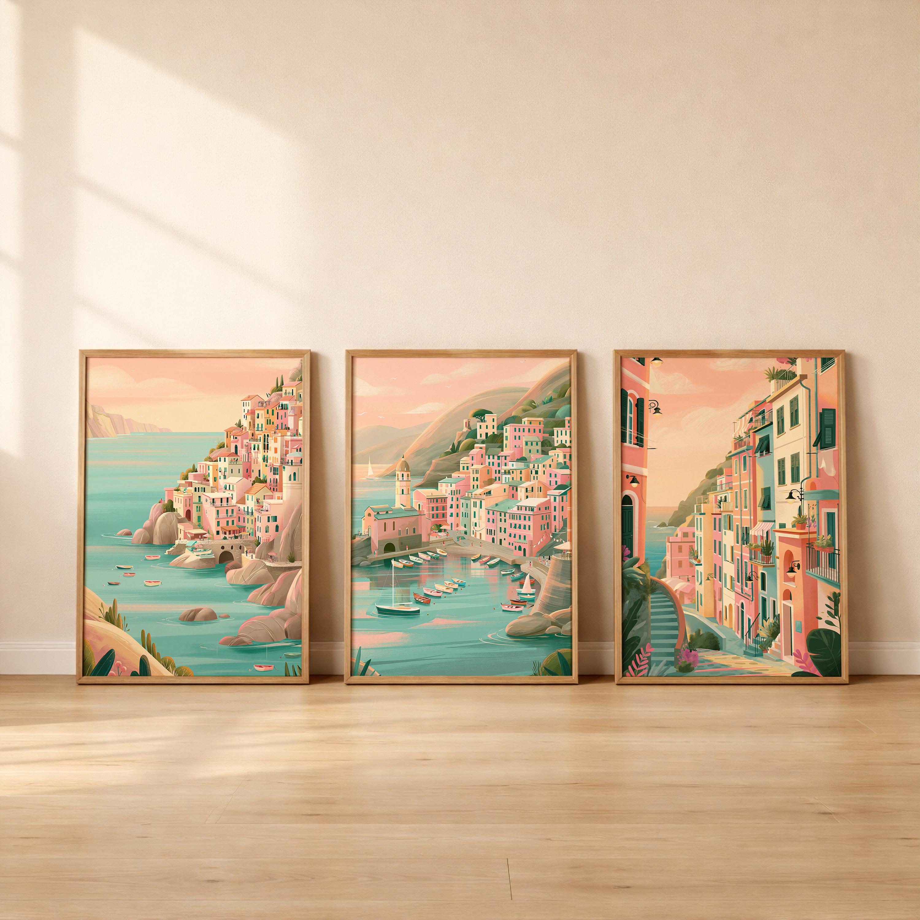Set of 3 Cinque Terre Italy Posters - Italian Amalfi Coast Wall Art - Travel Wall Art