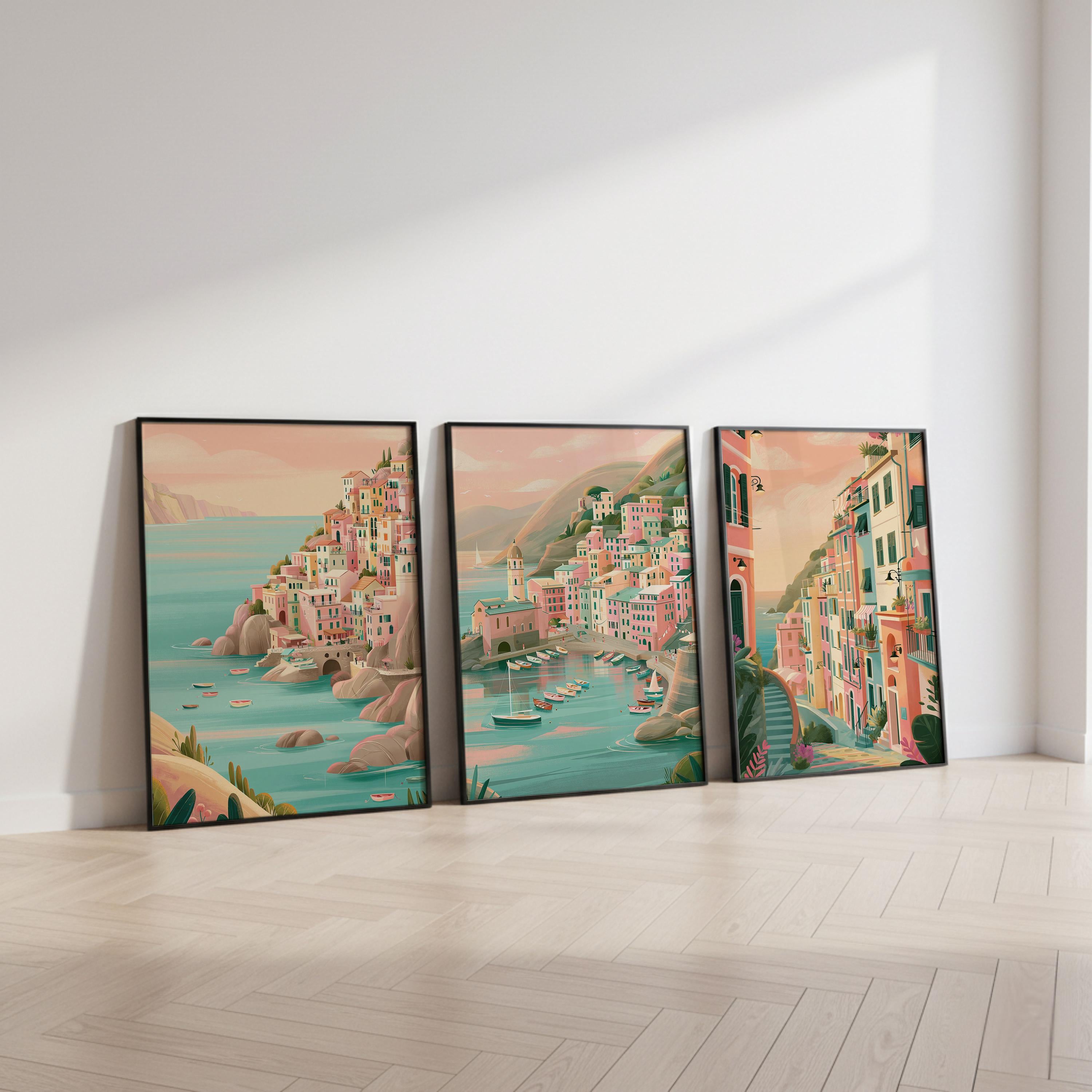 Set of 3 Cinque Terre Italy Posters - Italian Amalfi Coast Wall Art - Travel Wall Art