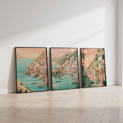 Set of 3 Cinque Terre Italy Posters - Italian Amalfi Coast Wall Art - Travel Wall Art