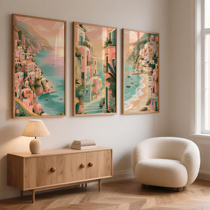 Set of 3 Positano Italy Posters - Italian Amalfi Coast Wall Art - Travel Wall Art