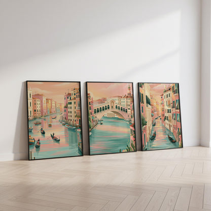 Venice Set of 3 Travel Posters - Italian Venice Canal Wall Art Prints - Travel Wall Art