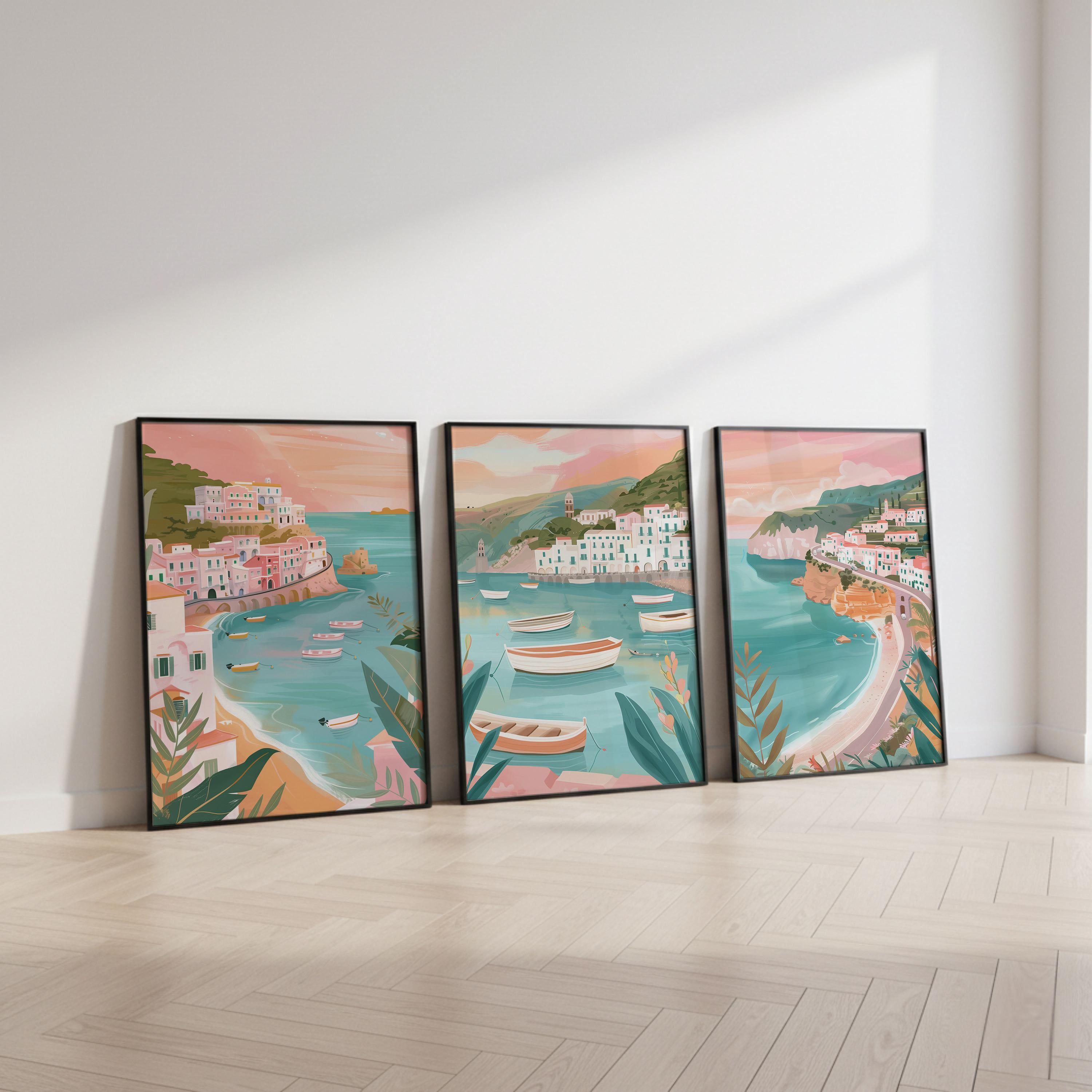Set of 3 Amalfi Coast Italy Posters - Italian Coastal Wall Art - Travel Wall Art