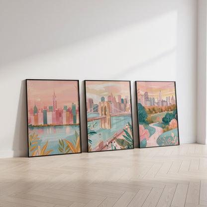 New York City Set Of 3 Posters - New York Cityscape Wall Art - Travel Wall Art