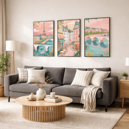 Paris Set Of 3 Posters - Paris Cityscape Wall Art Prints - Travel Wall Art
