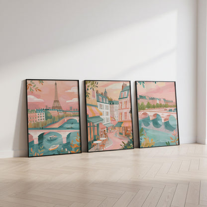 Paris Set Of 3 Posters - Paris Cityscape Wall Art Prints - Travel Wall Art