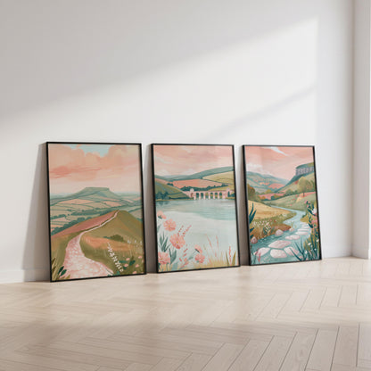 Peak District Set of 3 Posters - Minimalist Landscape Wall Art Set - Travel Wall Art