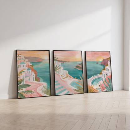 Santorini Set Of 3 Posters - Santorini Coastal Wall Art Prints - Travel Wall Art